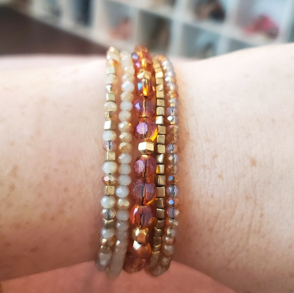 Five Strand Lux Beaded Friendship Bracelet Adjustable - Golds / Oranges - Picture 5 of 5